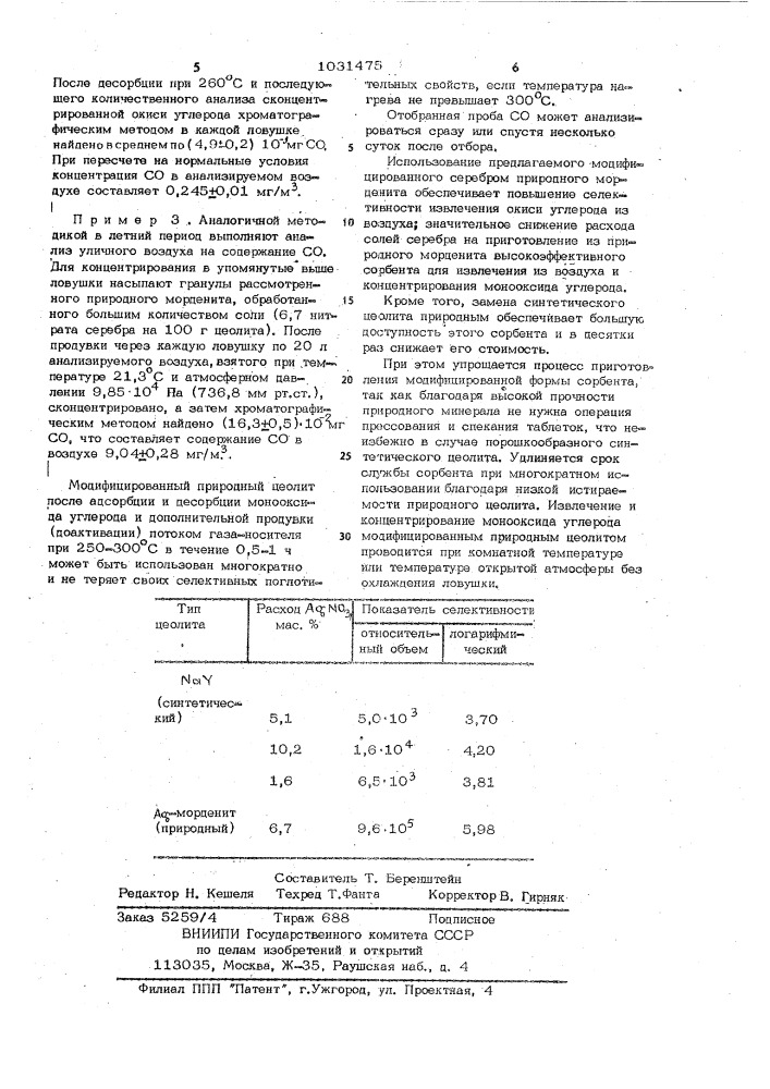 Способ концентрирования окиси углерода (патент 1031475)