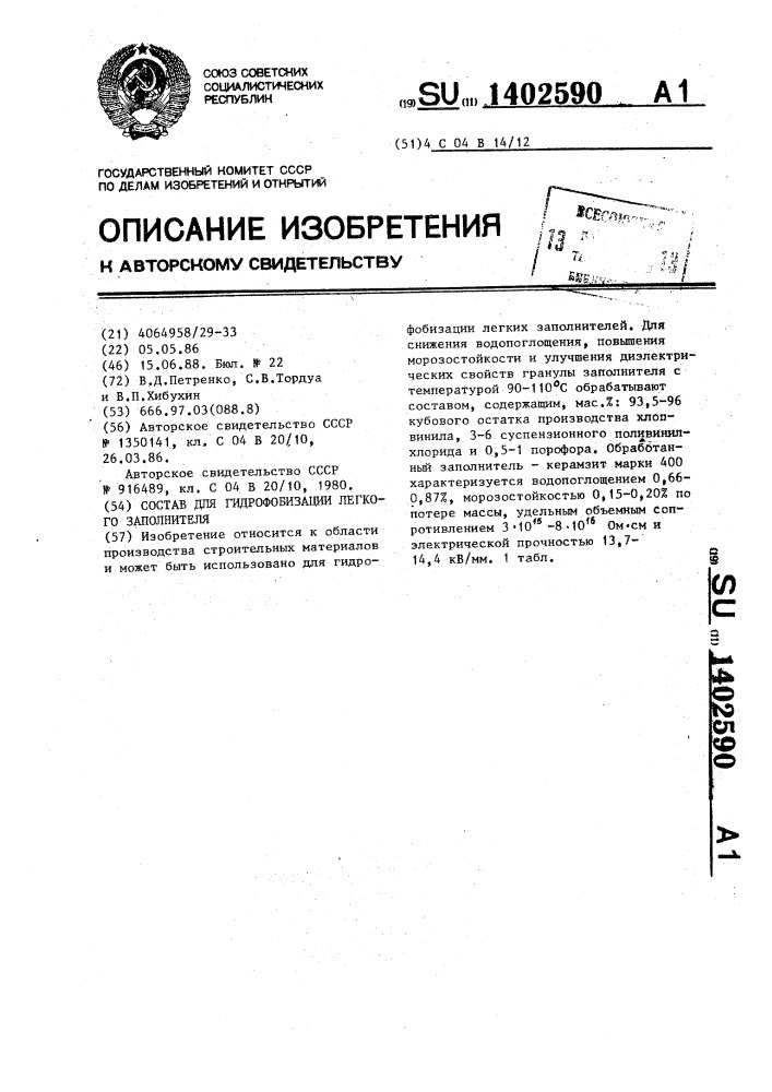 Состав для гидрофобизации легкого заполнителя (патент 1402590)