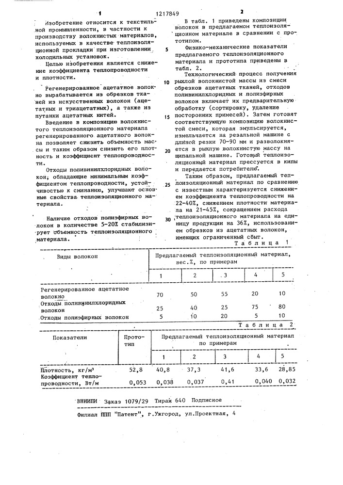 Теплоизоляционный материал (патент 1217849)