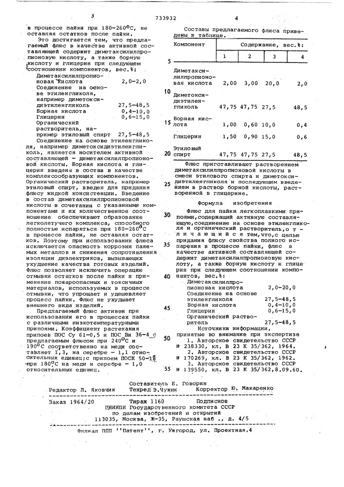 Флюс для пайки легкоплавкими припоями (патент 733932)