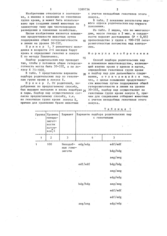 Способ подбора родительских пар в племенном животноводстве (патент 1389736)