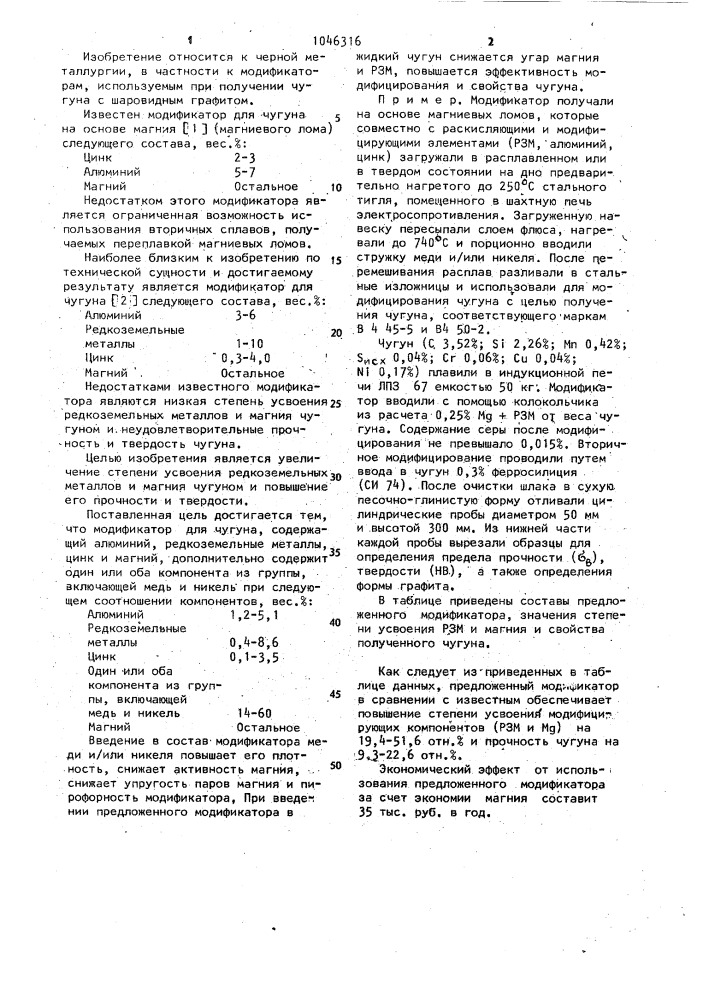 Модификатор для чугуна (патент 1046316)