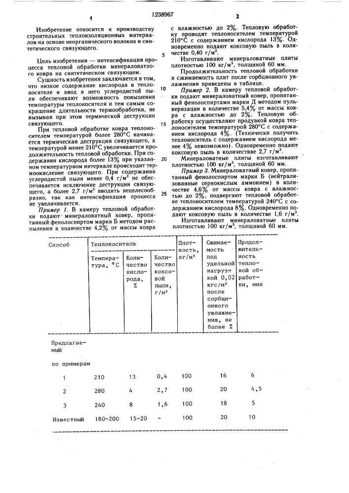 Способ тепловой обработки минераловатного ковра на синтетическом связующем (патент 1238967)