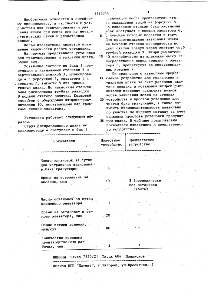 Установка для гранулирования и удаления шлака (патент 1196344)