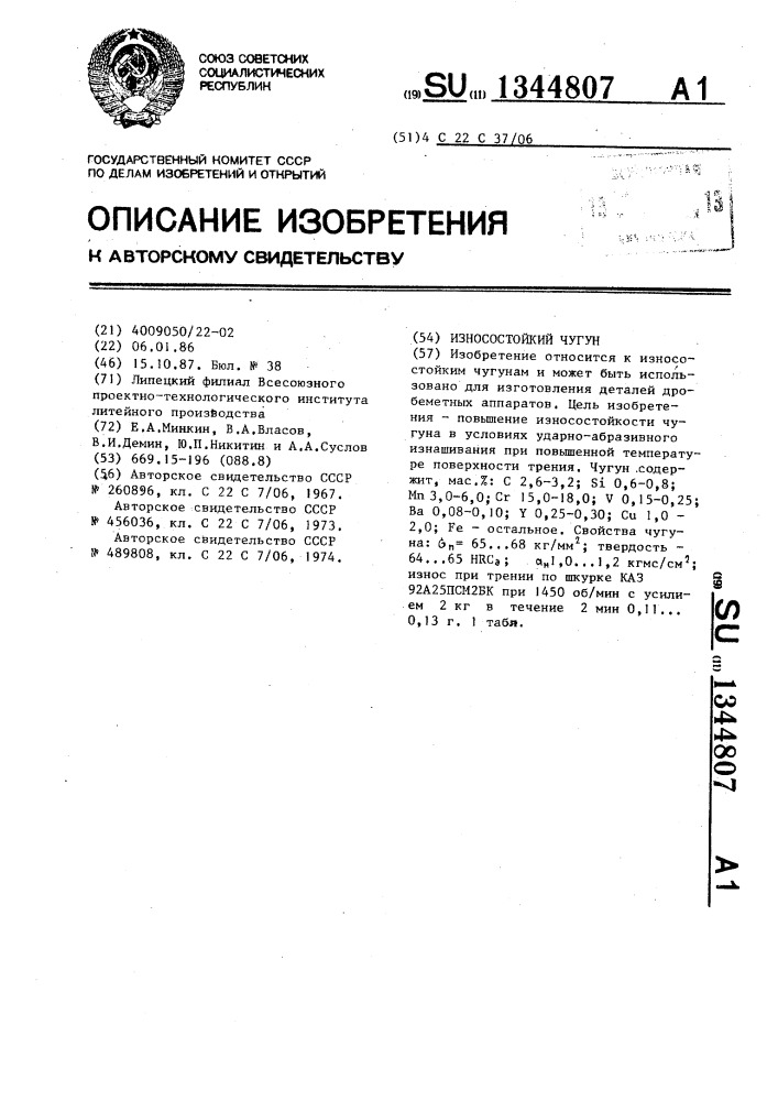 Износостойкий чугун (патент 1344807)