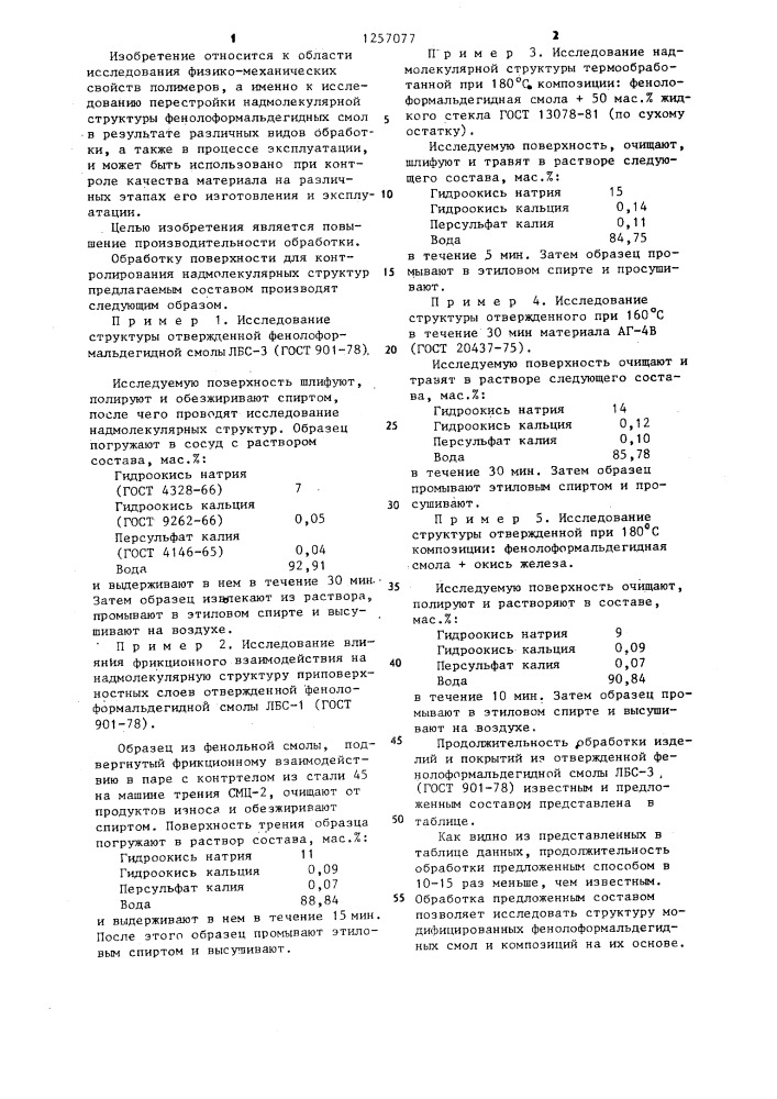 Состав для обработки поверхности изделий из фенолоформальдегидных смол (патент 1257077)