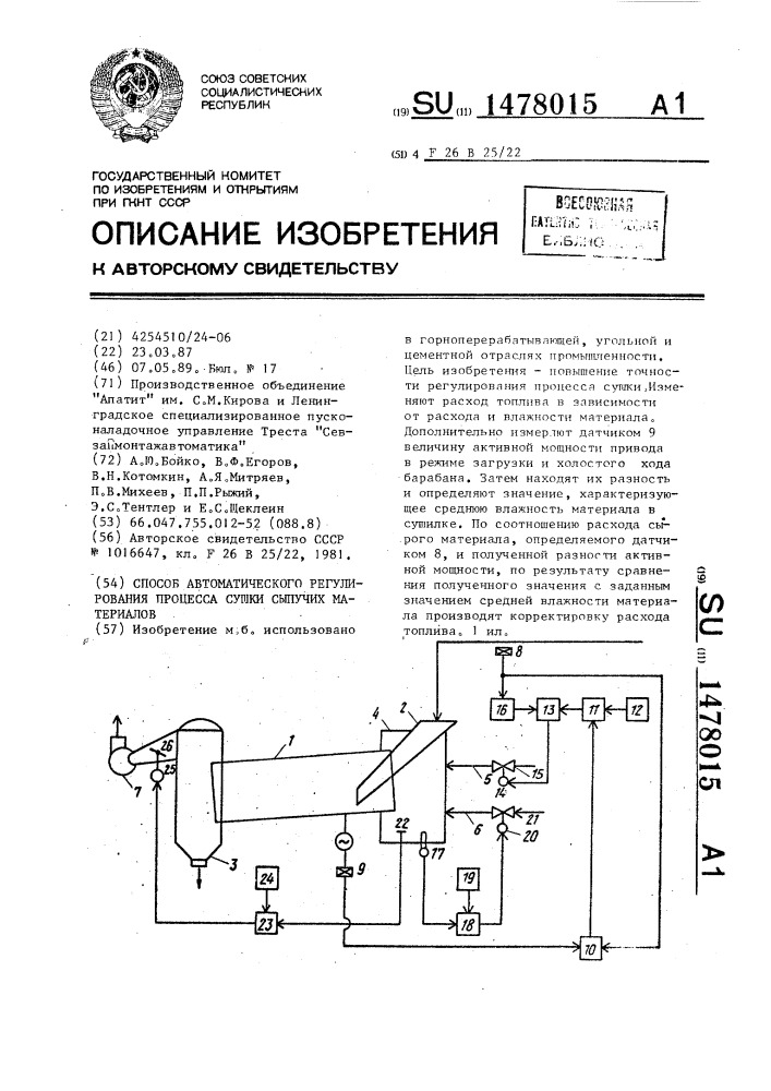 Способ автоматического регулирования процесса сушки сыпучих материалов (патент 1478015)