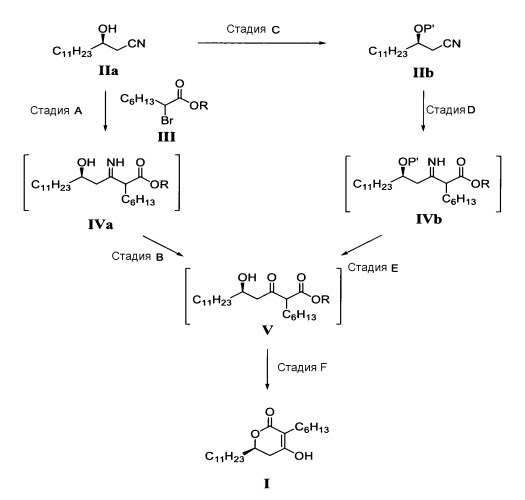 Способ получения (6r)-3-гексил-4-гидрокси-6-ундецил-5,6-дигидропиран-2-она и промежуточного соединения, применяемого в данном способе (патент 2434860)