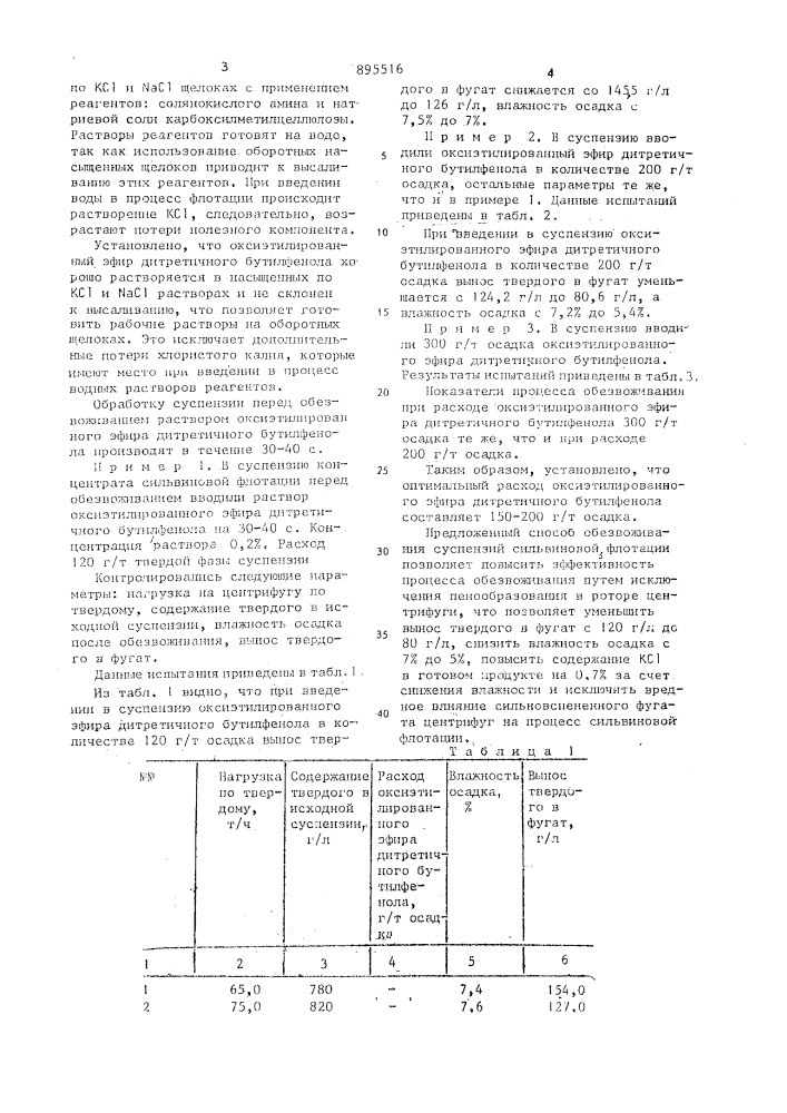 Способ обезвоживания суспензий сильвинового флотоконцентрата (патент 895516)