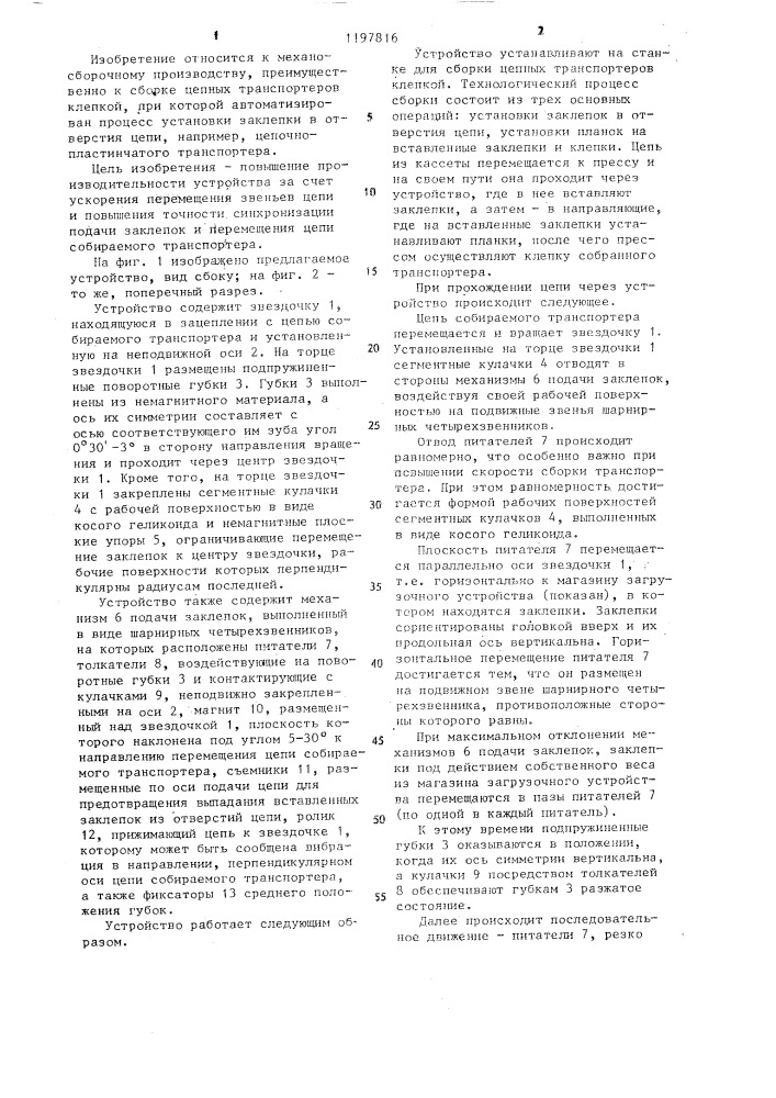 Устройство для установки заклепок при сборке цепных транспортеров (патент 1197816)