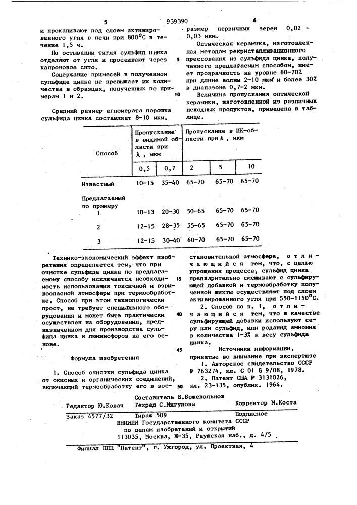 Способ очистки сульфида цинка (патент 939390)