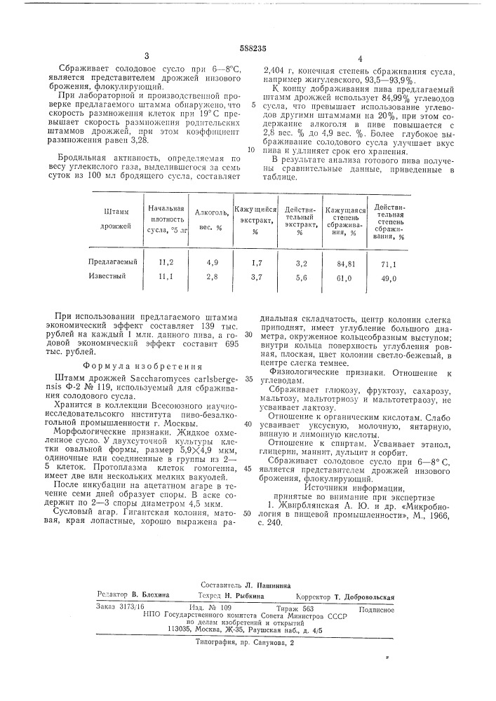 Штамм дрожжей ф-2 n119,используемый для сбраживания солодового сусла (патент 588235)