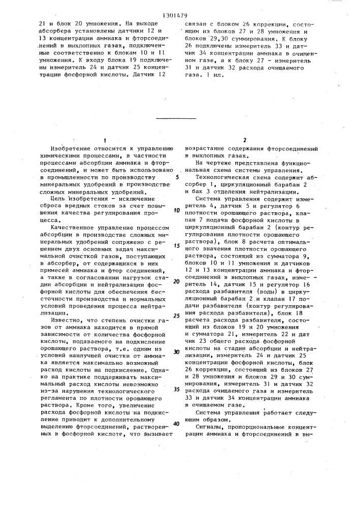 Система управления процессом абсорбции в производстве сложных минеральных удобрений (патент 1301479)