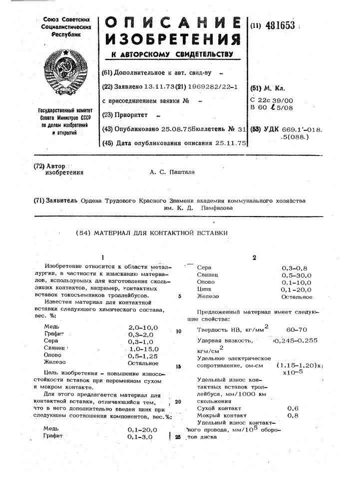 Материал для контактной вставки (патент 481653)