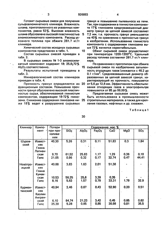 Сырьевая смесь для получения сульфоалюминатного клинкера (патент 926893)