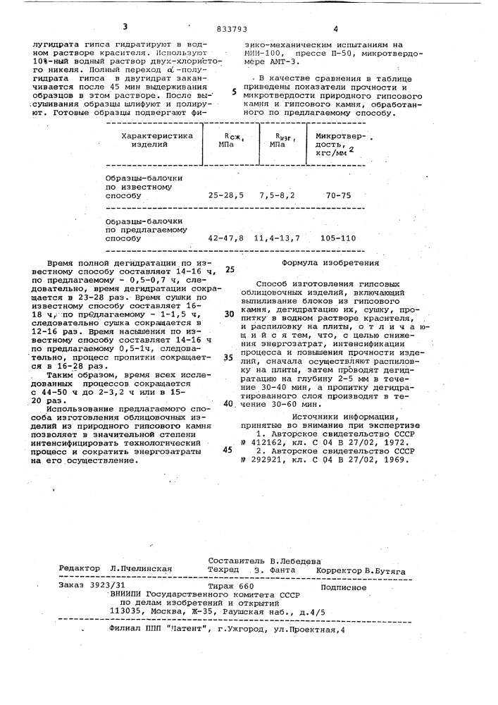 Способ изготовления гипсовыхоблицовочных изделий (патент 833793)