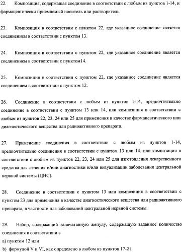 Соединения для применения в визуализации, диагностике и/или лечении заболеваний центральной нервной системы или опухолей (патент 2505528)