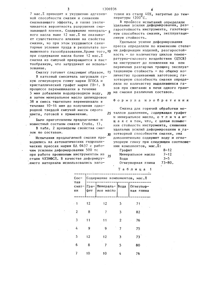 Смазка для горячей обработки металлов давлением (патент 1306936)