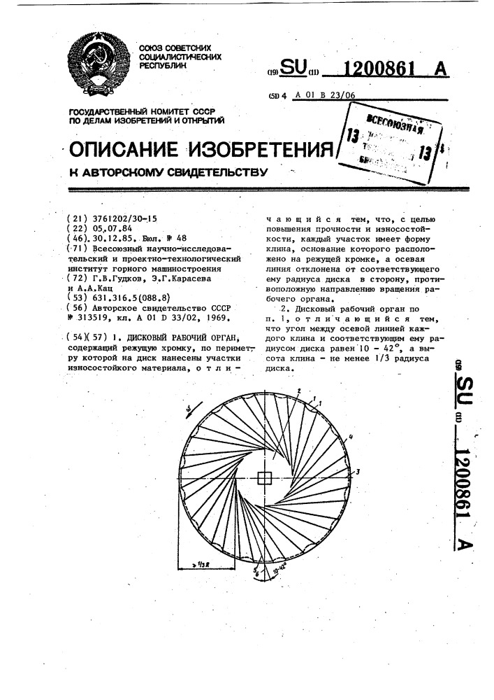 Дисковый рабочий орган (патент 1200861)