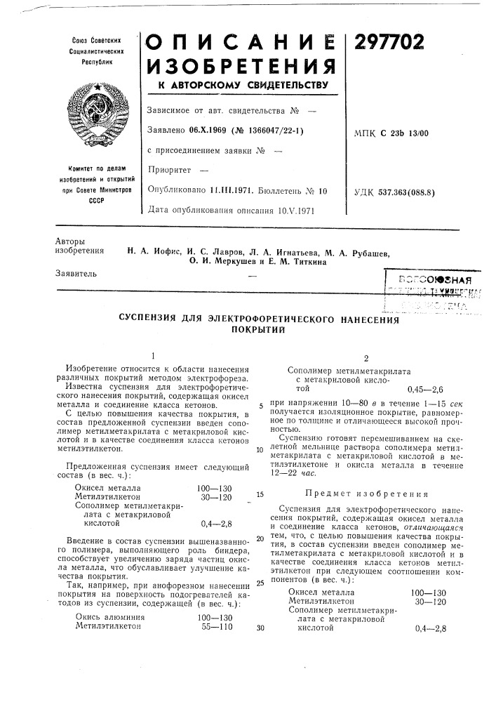 Суспензия для электрофоретического нанесенияпокрытий (патент 297702)