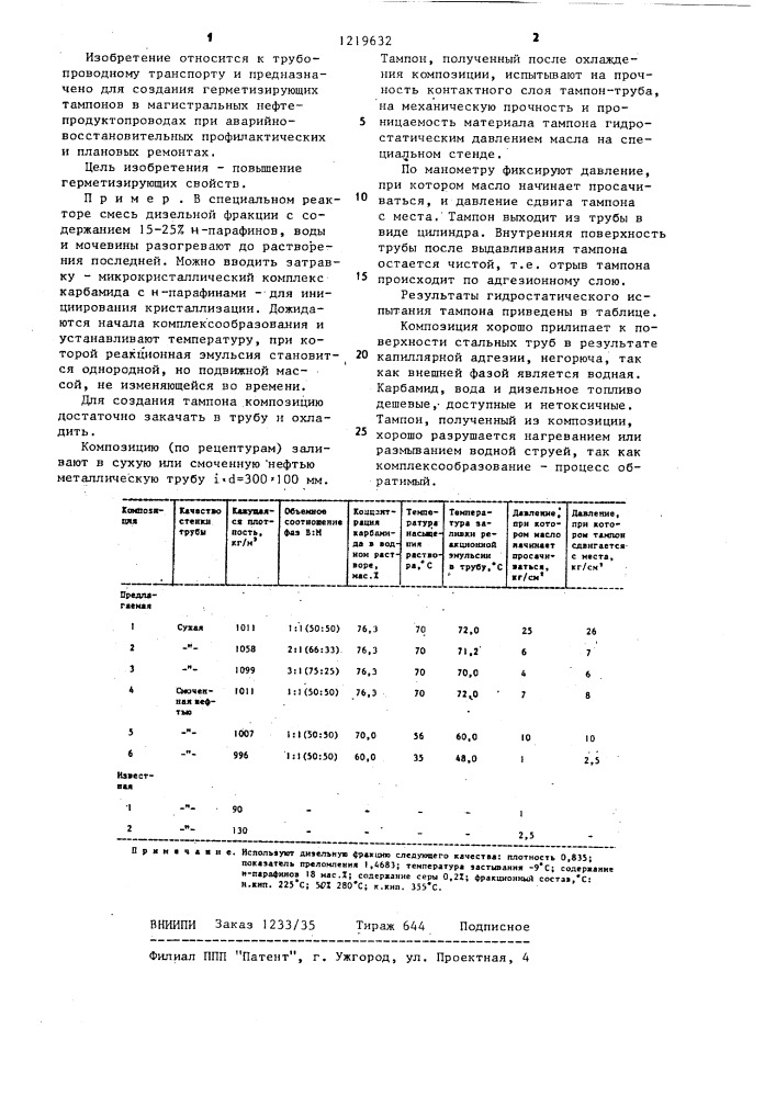 Композиция для герметизирующих тампонов в трубопроводах (патент 1219632)