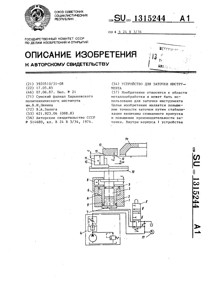 Устройство для заточки инструмента (патент 1315244)