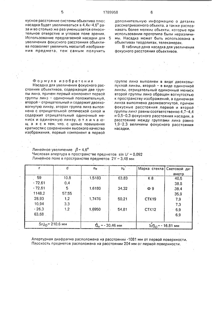 Насадка для увеличения фокусного расстояния объективов (патент 1789958)