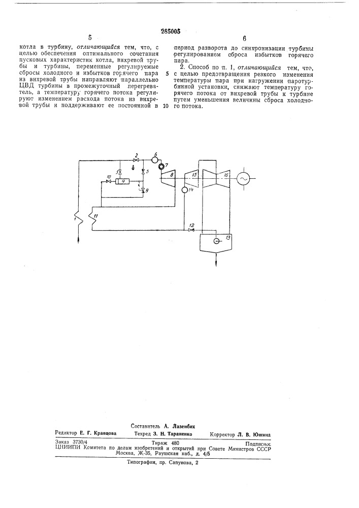 Способ пуска паротурбинной установки из горячего состояния (патент 285005)