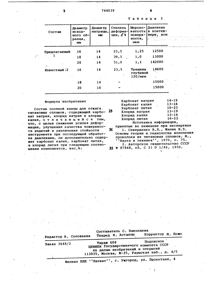 Состав соляной ванны для отжига титановых сплавов (патент 744039)