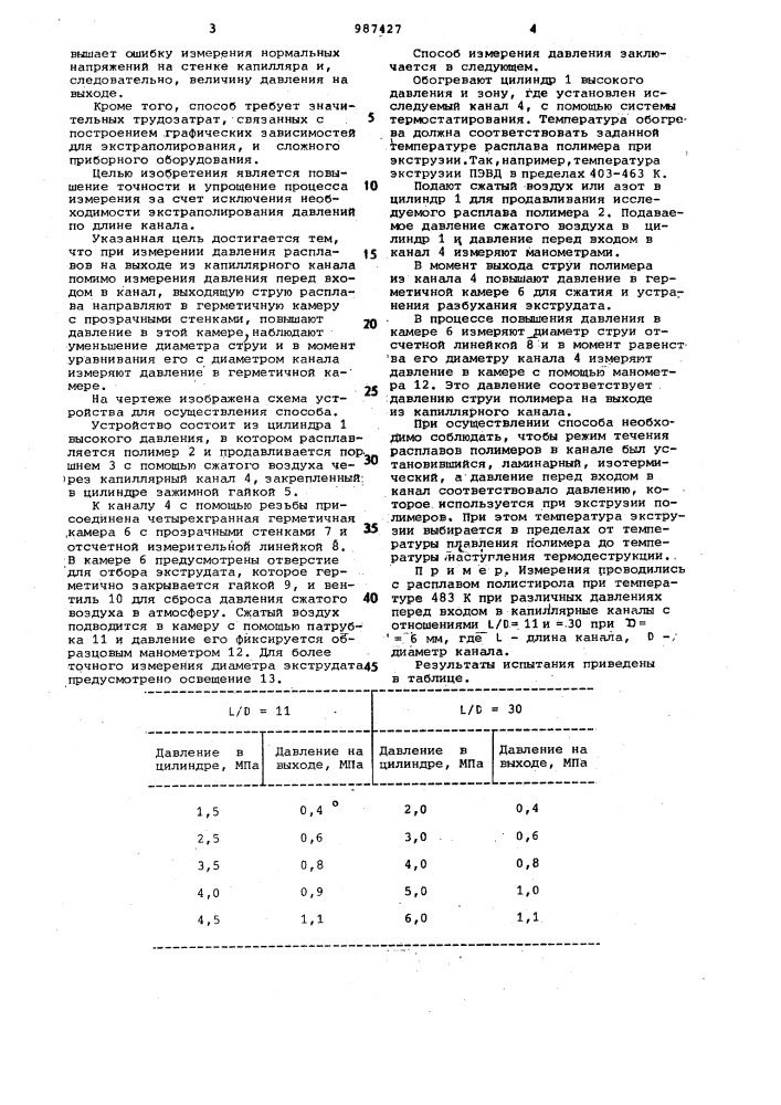 Способ измерения давления расплава полимера при истечении на выходе из капиллярного канала (патент 987427)