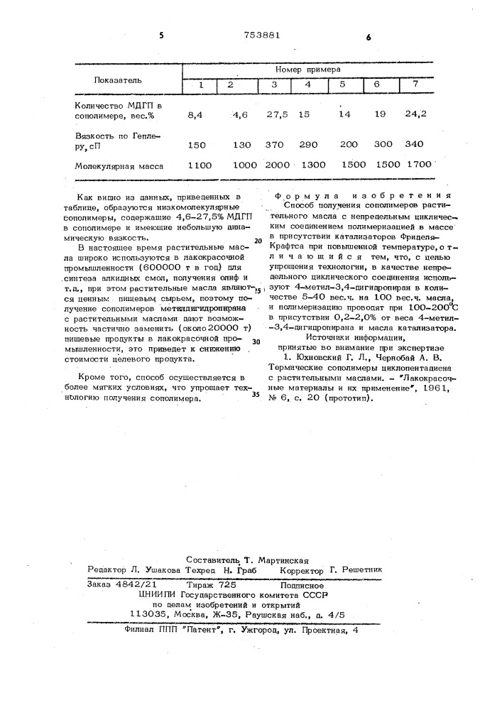 Способ получения сополимеров растительного масла (патент 753881)