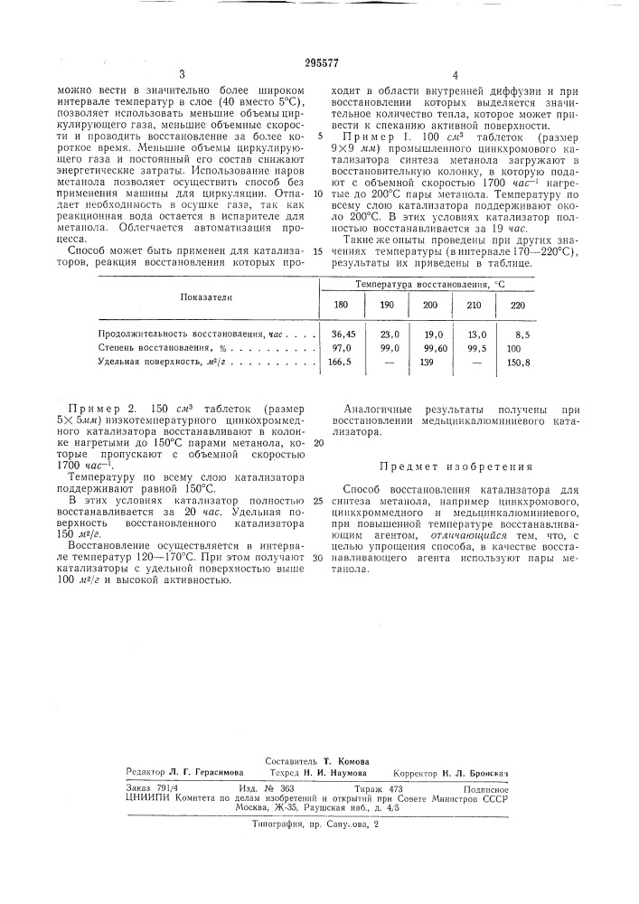 Способ восстановления катализатора для синтеза метанола (патент 295577)