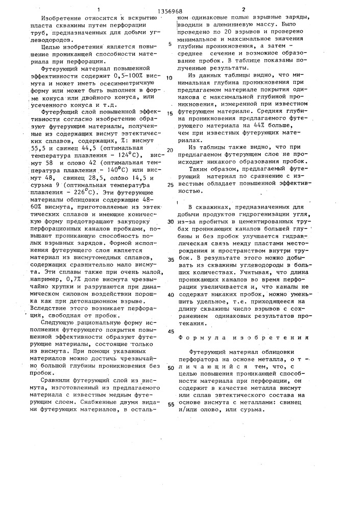 Футерующий материал облицовки перфоратора на основе металла (патент 1356968)
