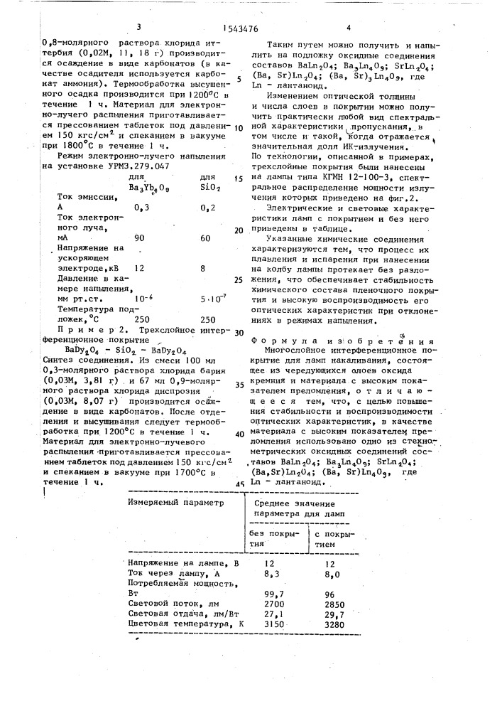 Многослойное интерференционное покрытие для ламп накаливания (патент 1543476)