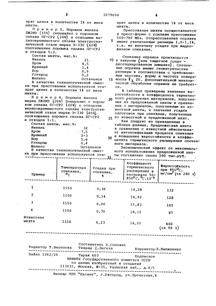 Шихта для получения спеченных изделий на основе железа (патент 1079694)
