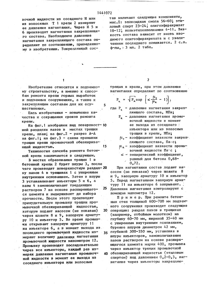 Способ ремонта бетонной крепи горных выработок и подземных сооружений и закрепляющий состав для его осуществления (патент 1441072)