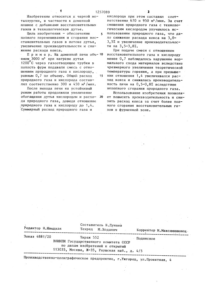 Способ ведения доменной плавки (патент 1257089)