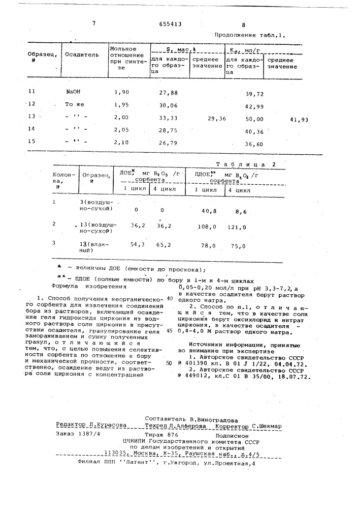 Способ получения неорганического сорбента для извлечения соединений бора из растворов (патент 655413)