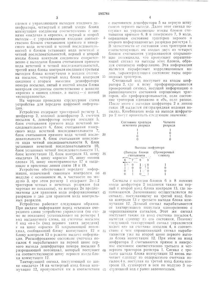 Устройство для передачи цифровой информации (патент 595761)