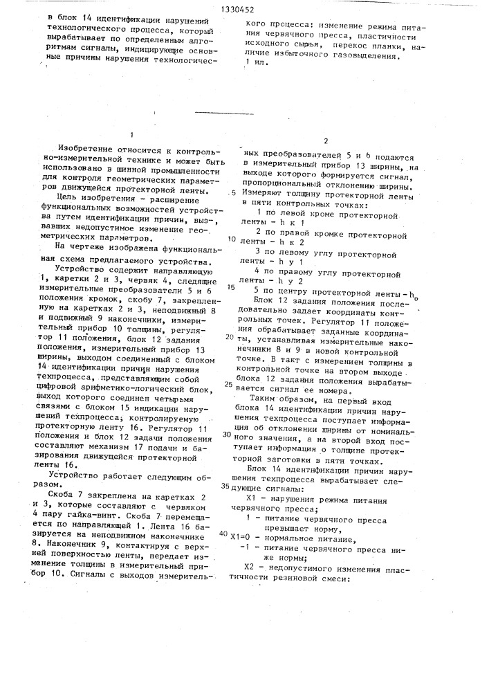 Устройство для контроля геометрических параметров движущейся протекторной ленты (патент 1330452)