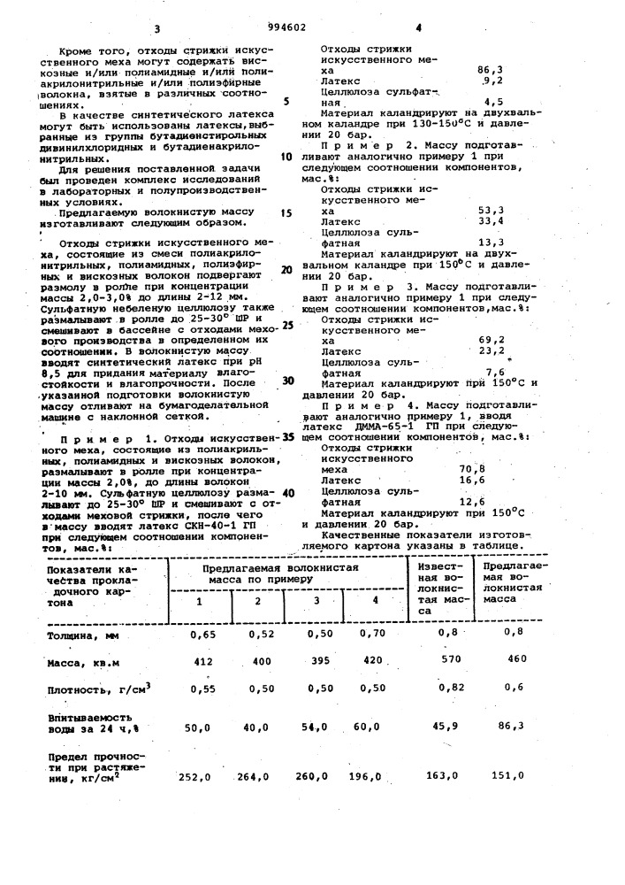 Волокнистая масса для изготовления прокладочного картона (патент 994602)