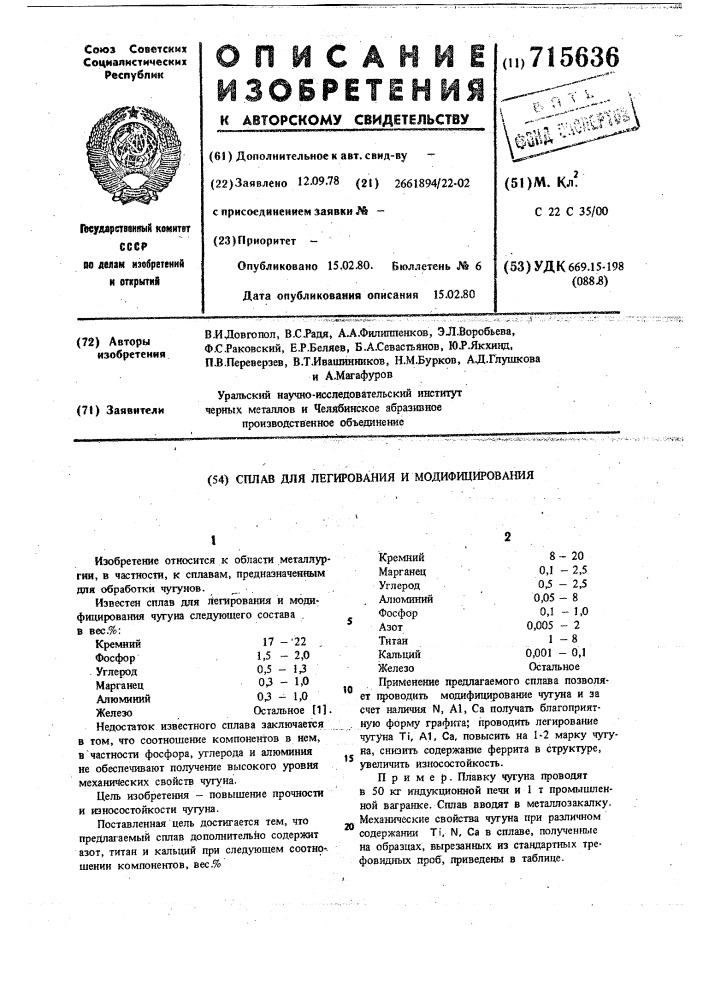 Сплав для легирования и модифицирования (патент 715636)