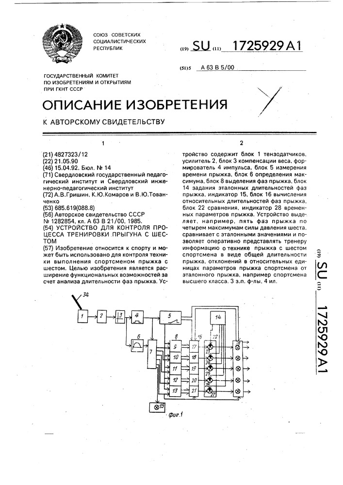 Устройство для контроля процесса тренировки прыгуна с шестом (патент 1725929)