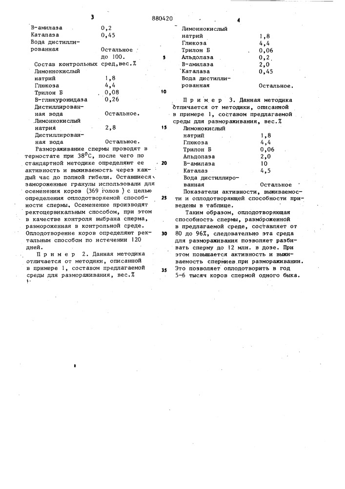 Среда для размораживания спермы быков (патент 880420)