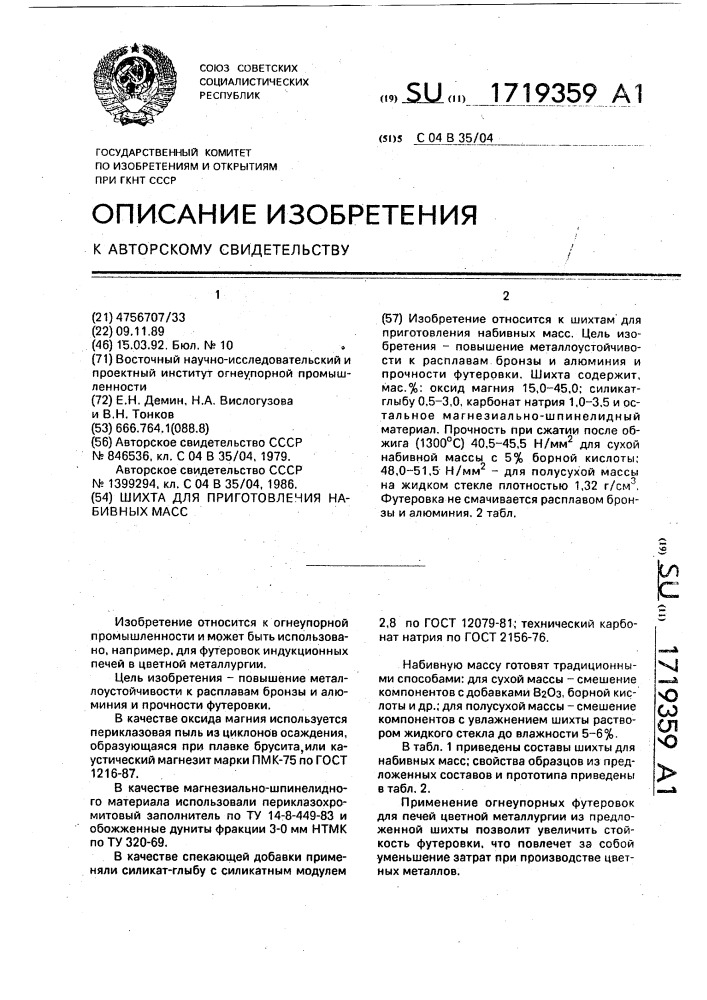 Шихта для приготовления набивных масс (патент 1719359)