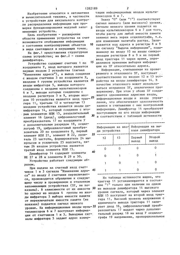 Устройство для отображения информации на экране осциллографа (патент 1282189)