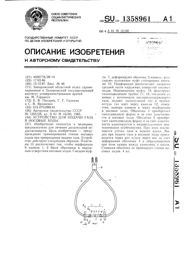 Устройство для подачи газа в носовые ходы (патент 1358961)