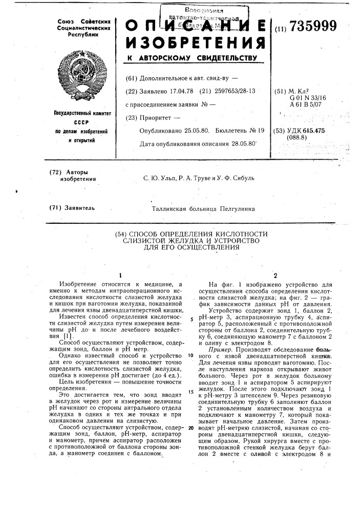 Способ определния кислотности слизистой желудка и устройство для его осуществления (патент 735999)