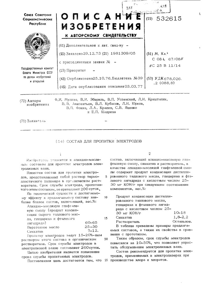 Состав для пропитки электродов (патент 532615)