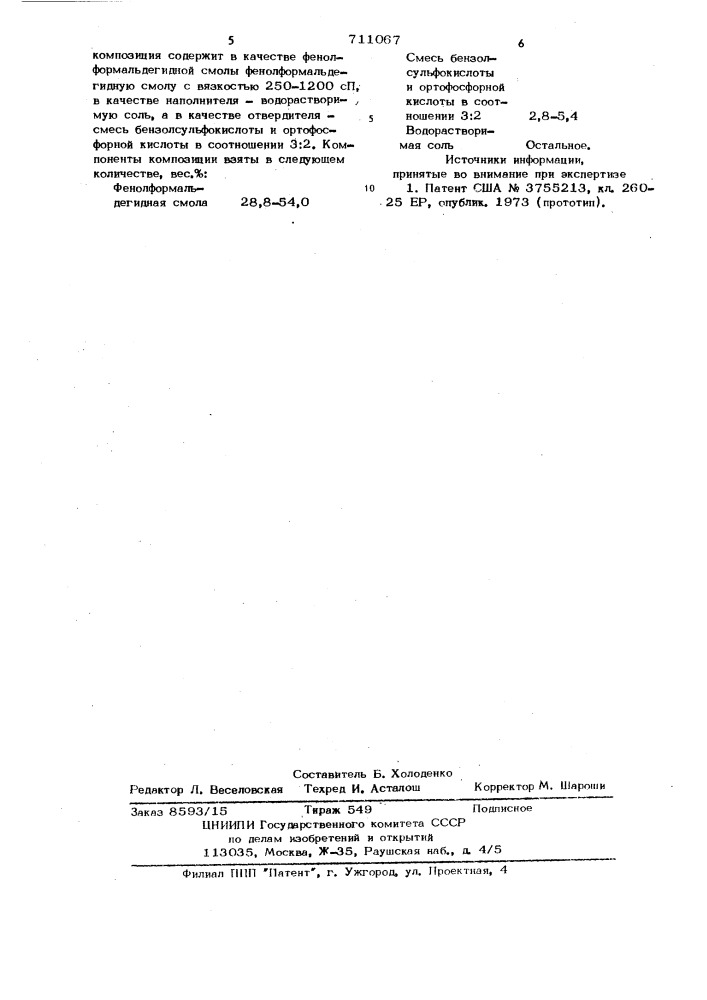 Композиция на основе фенолформальдегидной смолы (патент 711067)